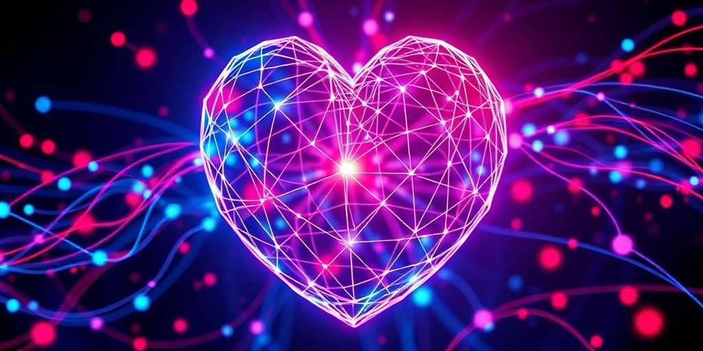 Create a vibrant digital artwork of a 3D heart-shaped globe made of interconnected lines and nodes, surrounded by a cascading array of blue and red light streaks, shot with a DSLR camera at f/1.8 aperture, ISO 100, with a wide-angle lens at 24mm for enhanced depth and clarity.