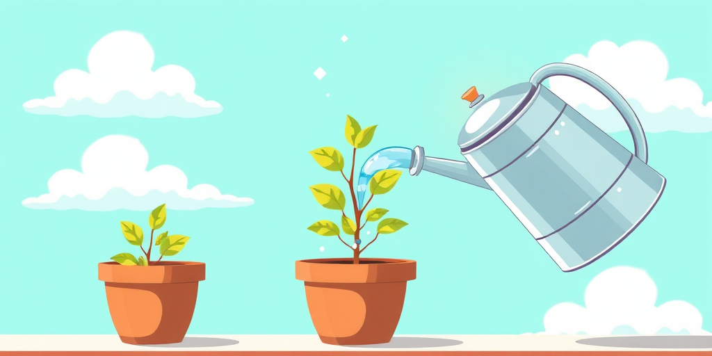 create an illustration of a potted plant being watered, set against a bright turquoise background with soft, fluffy clouds, use a high-resolution digital art style, camera settings 50mm lens, f/4 aperture, ISO 100, view from slightly above to capture the plant and watering can clearly, with vibrant colors and a whimsical feel.