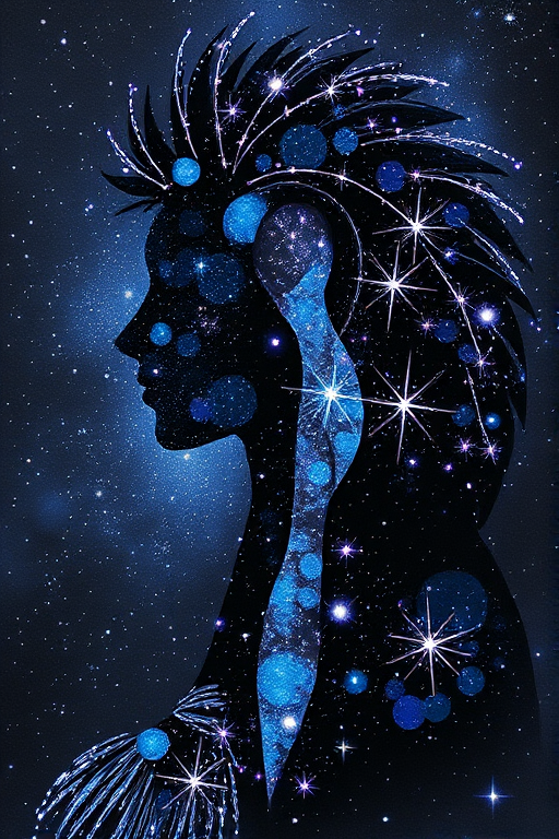 Captivating conceptual render alcohol ink art, double exposure, the paint strokes artfully merge combining a woman's full silhouette with a Ladybug crawl's silhouette. The figures are composed of a series of colored dots, lines & spots that evoke the image of a cosmic galaxy, colors are deep shades of blue purple & black with flashes of white & silver representing distant stars. The woman's silhouette is formed within the lion's silhouette from constellations of scattered stars, surreal