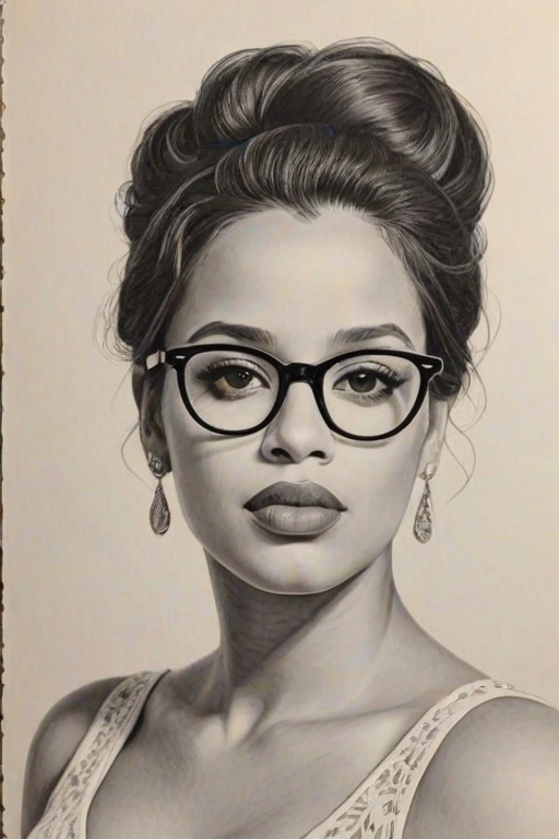 Pleasing Dascha Polanco, pencil sketch, portrait of Magnificent woman 1958s in glasses, hair style beatnik, outline, clear lines, fine lines, 8k
