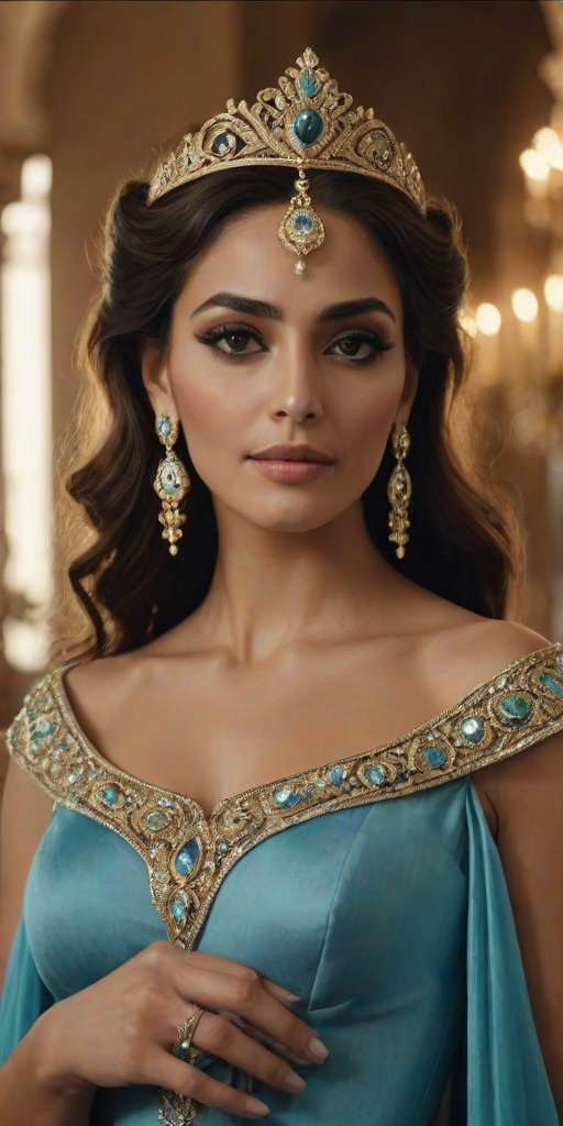 A gorgeous Coptic woman in a luxurious cyan gown, accessorized with a dazzling tiara and statement earrings, her deep Yellow eyes highlighted by impeccable makeup, poised in a royal setting, photorealistic, 8K quality
