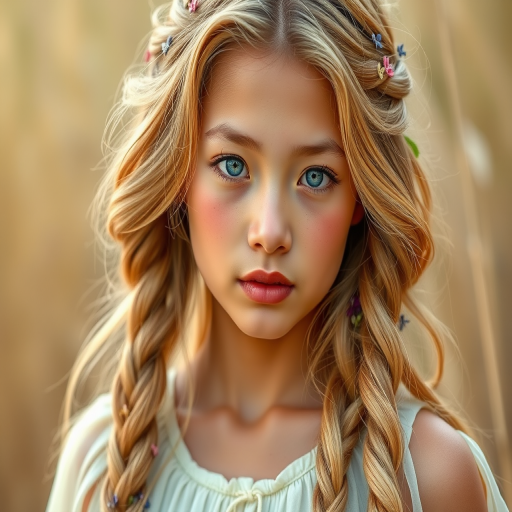 Create an image of a young Lao woman with long, wavy blonde hair, adorned with small, colorful flowers woven into her braids and loose strands. Her complexion is fair, with soft, glowing skin, and she has light blue eyes that gaze softly at the viewer. She wears a light, flowing dress with a gentle, ethereal quality, complementing her delicate and serene appearance. The background is slightly blurred, drawing focus to her tranquil expression and the intricate details of the flowers in her hair. The overall mood of the image is one of natural beauty and grace, evoking a sense of peacefulness and connection with nature.