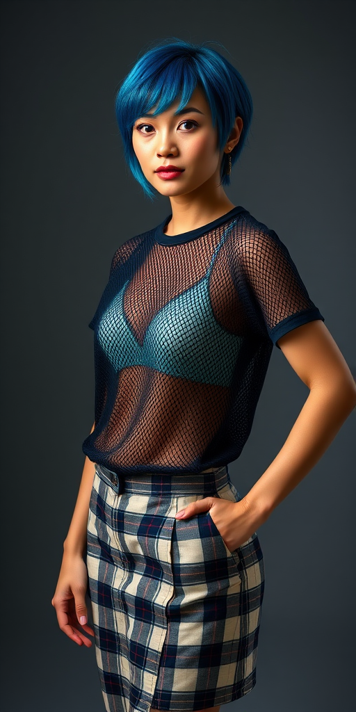 Generate a high-quality fashion portrait of a model with short blue hair wearing a black mesh shirt and a plaid skirt, standing confidently with one hand on her hip, lit with soft studio lighting, captured with a Canon EOS R5 at f/2.8, ISO 100, 85mm lens, in portrait view.