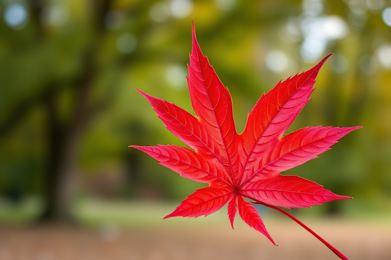 Create a high-resolution image of a vibrant red maple leaf against a blurred natural background, using a DSLR camera with a 50mm lens, aperture f/2.8, ISO 100, and a shutter speed of 1/200s for enhanced clarity and detail.