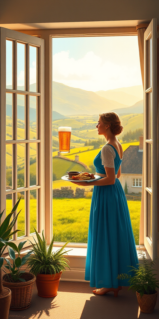 In "A Glass of Beer on the Highland," a serene scene is depicted in a sunlit room where a woman in a vibrant blue dress stands by a large window. She holds a tray with a hearty meal and a frothy glass of beer, embodying a moment of relaxation. Outside, the breathtaking highland landscape features rolling green hills and a charming traditional house, all bathed in warm afternoon light. The interior is adorned with potted plants, creating a harmonious blend of comfort and nature. The painting beautifully captures the tranquility and joy found in simple pleasures amidst stunning scenery