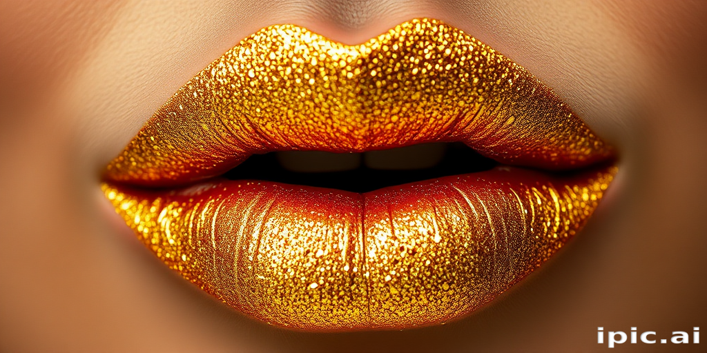 Glittering gold lips adorned with tiny flecks of metallic pigment, creating a luxurious and opulent appearance fit for royalty