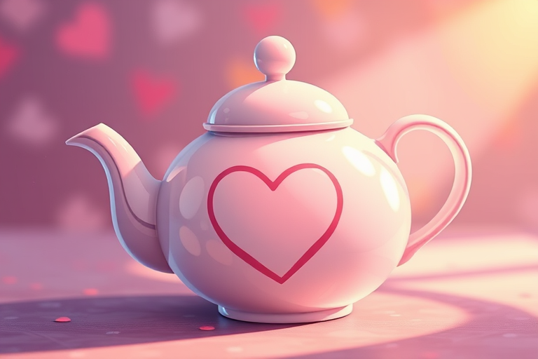 Create a high-resolution illustration of a whimsical teapot with a heart design, soft lighting, macro view, digital art style, using a high-quality camera simulation with a f-stop of 2.8 for depth of field.