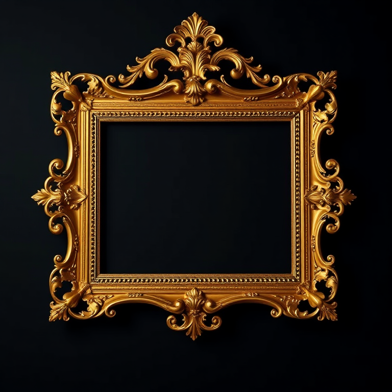 Generate a high-resolution image of an ornate golden picture frame on a dark background, using a Canon EOS R5 camera, f/2.8 aperture, 50mm lens, soft lighting, and a slightly angled view to enhance depth.