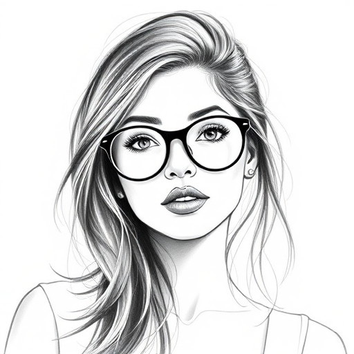 hot mia khalifa, pencil sketch, portrait of beautiful woman 60s in glasses, hair style beatnik, outline, clear lines, fine lines, 8k