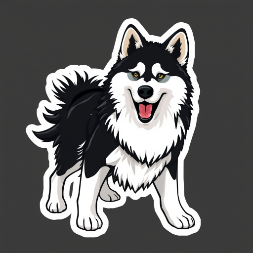 generate sticker, 3D black and white yakutian laika dog breed, black background