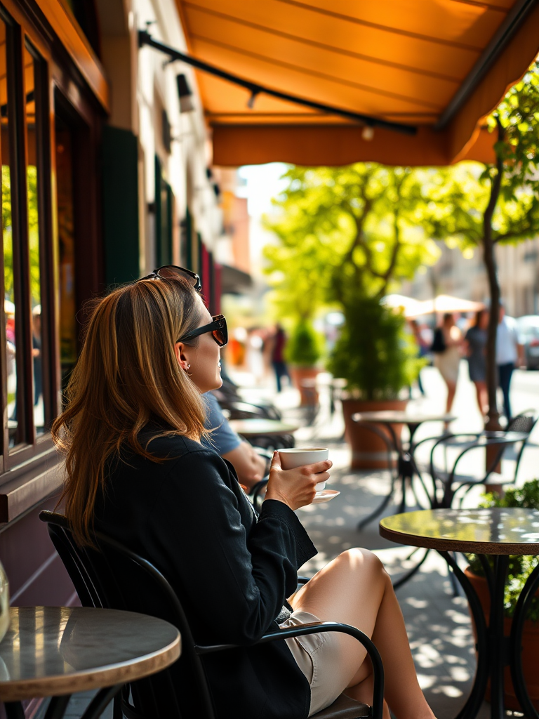 Sunlit cafe terrace, with small tables scattered along the sidewalk, a woman sits with a cup of coffee, sunglasses perched on her head, as she people-watches from the comfort of her chair.