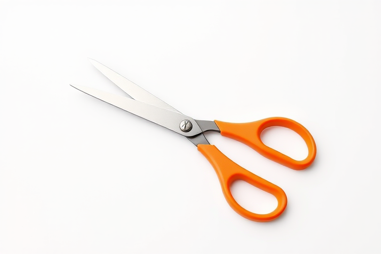 Create a high-resolution image of a pair of open scissors with orange handles on a white background, using a DSLR camera with a 50mm lens, aperture f/2.8, ISO 100, and a focal length of 50mm, with soft natural lighting and a shallow depth of field.