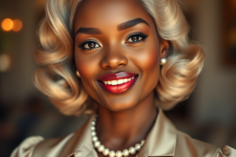 A beautiful Afro-Caribbean woman reminiscent of 1950s Hollywood glamour, with perfectly styled blonde hair and a seductive smile, dressed in a satin blouse and adorned with pearls, soft and warm tones, photorealistic, 8K