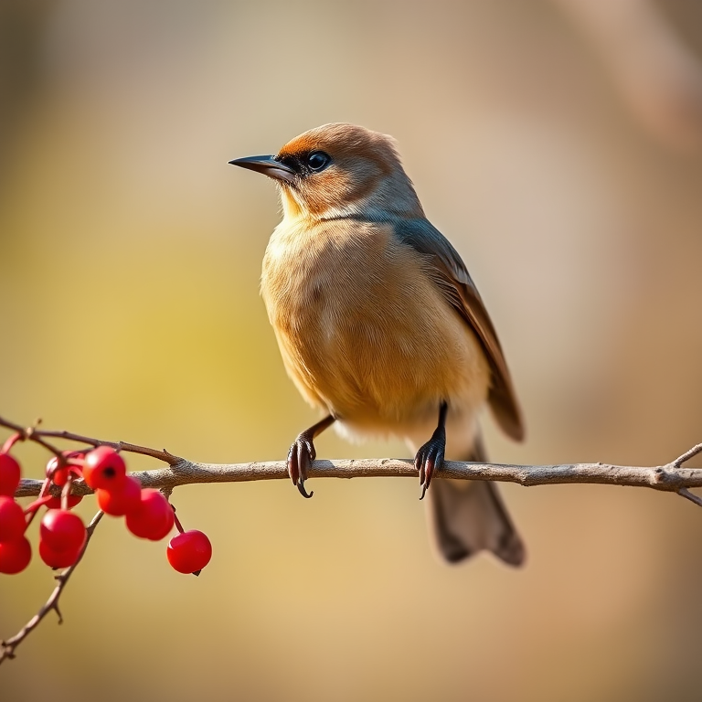 Create a high-resolution image of a Cedar Waxwing perched on a branch with red berries, captured with a Canon EOS R5, 100mm f/2.8 macro lens, shallow depth of field, natural light, and a soft bokeh background to enhance the bird's details.