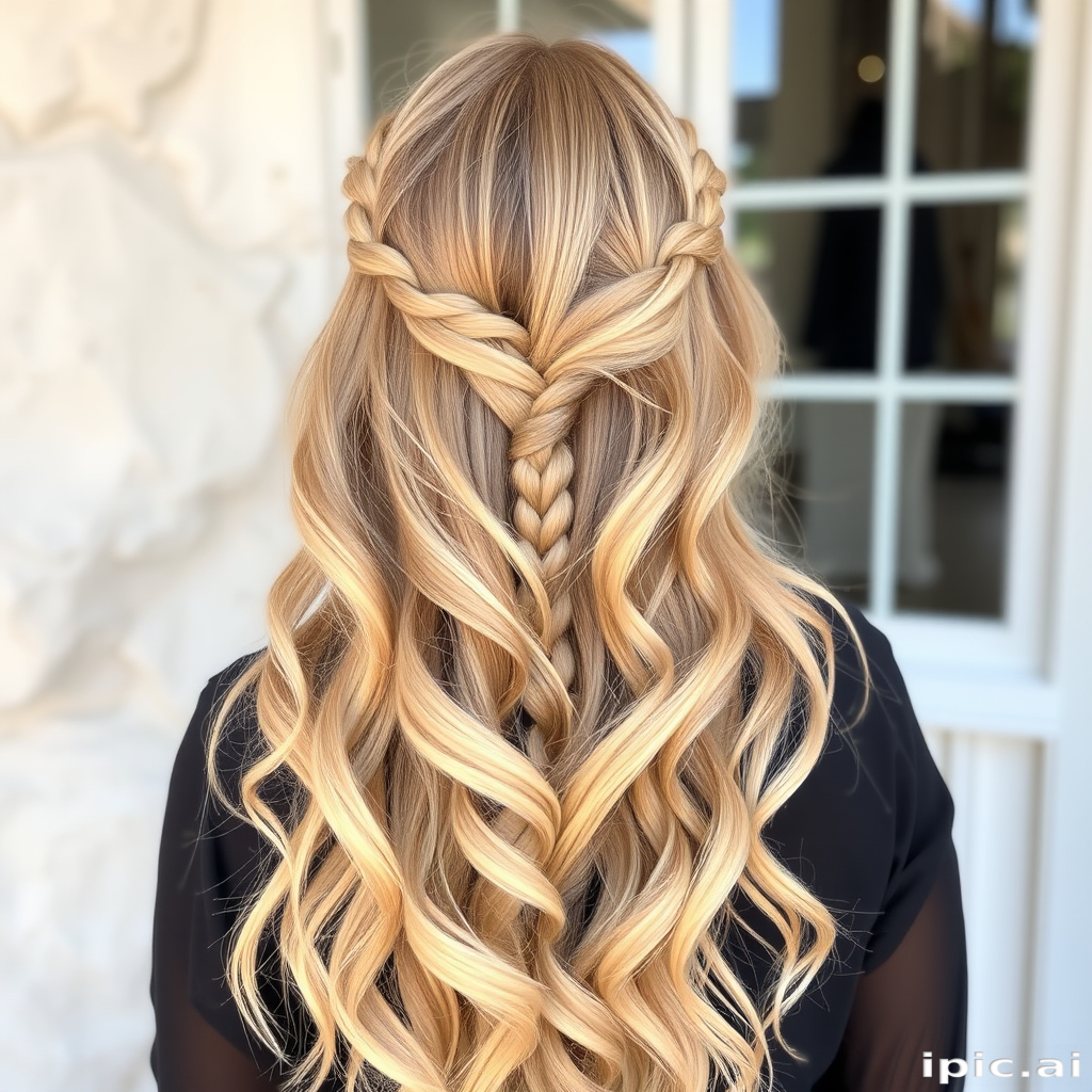 Bohemian hair style showcasing long golden blonde beach waves adorned with delicate braids and subtle sun-kissed highlights throughout