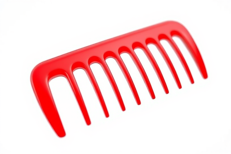 Create a high-resolution image of a red comb viewed from a slight angle, using a DSLR camera with an aperture of f/2.8, a shutter speed of 1/125s, and ISO 100, ensuring a clean white background for contrast.