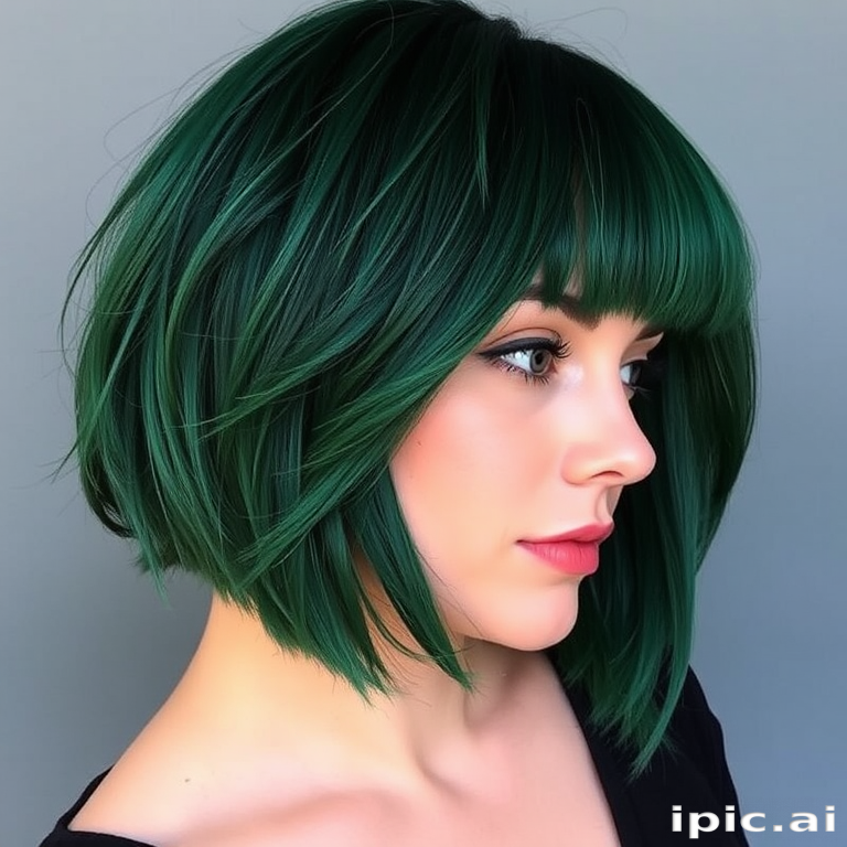 Lush forest green tresses styled in a sleek, chin-length bob with blunt bangs and subtle emerald undertones, showcasing the nature-inspired "Evergreen Chic" look
