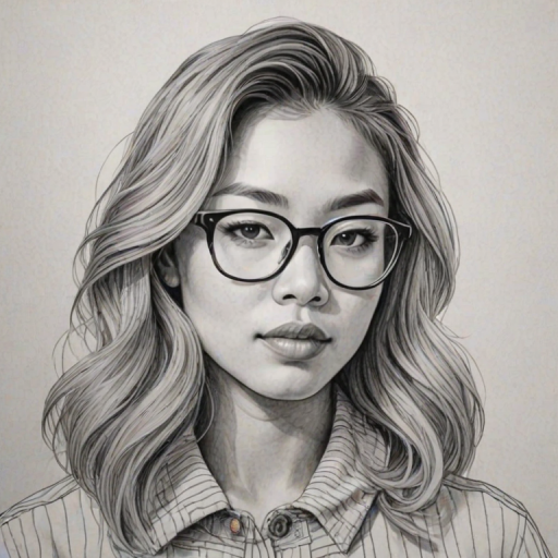 Sublime Chloe Kim, pencil sketch, portrait of Gorgeous woman 1944s in glasses, hair style beatnik, outline, clear lines, fine lines, 8k