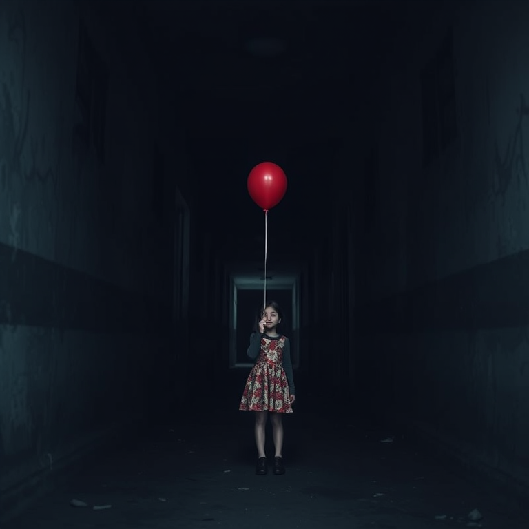 Create a high-resolution image of a dark, abandoned corridor with a girl holding a red balloon in the center, using a Canon EOS R5 camera, 50mm lens, f/1.8 aperture, ISO 100, 1/125 sec shutter speed, with a shallow depth of field to enhance focus on the subject and a cinematic style.