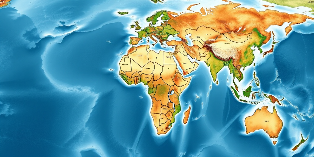 Create a high-resolution map of Africa with clear borders, using a DSLR camera with a 50mm lens, aperture f/8, ISO 100, and a top-down view for enhanced detail and contrast.
