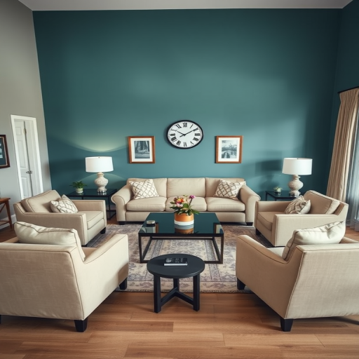 interior living room design featuring a beige sofa, two matching armchairs, a rectangular coffee table, a decorative rug, two table lamps, a wall clock, and teal walls, captured with a DSLR camera at 35mm focal length, aperture f/2.8, ISO 100, 1/125 shutter speed, in natural light, wide-angle view for depth and spaciousness