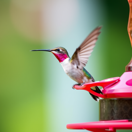 hummingbird in mid-flight at a bird feeder, shallow depth of field, f/2.8, 1/1000 sec, ISO 200, 200mm lens, macro photography style, natural daylight, taken with a DSLR camera