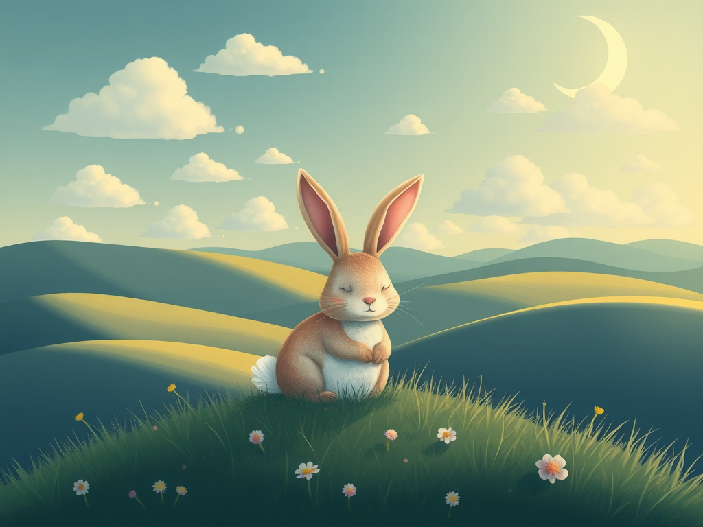 Create a whimsical illustration of a peaceful rabbit in a serene landscape with rolling hills and fluffy clouds under a crescent moon, captured with a DSLR camera at f/2.8 aperture, ISO 100, 50mm lens, shot in natural light for a soft, dreamy effect.