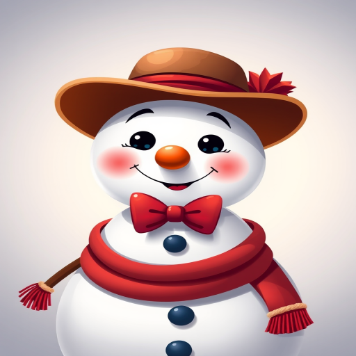 Create a high-resolution illustration of a cartoon snowman wearing a brown hat with a red band and a red bow tie, centered in the frame, using a digital camera with a 50mm lens at f/2.8, ISO 100, in a studio-style setting with soft lighting for enhanced color vibrancy and detail.