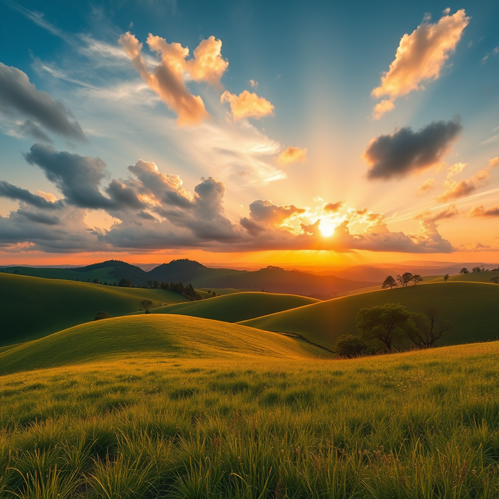 landscape of rolling hills during sunset with dramatic clouds, golden light hitting the grass and trees, vibrant greens and yellows, captured with a Canon EOS 5D Mark IV, 24mm lens, f/8, ISO 100, 1/125 sec, wide-angle view, high dynamic range photography