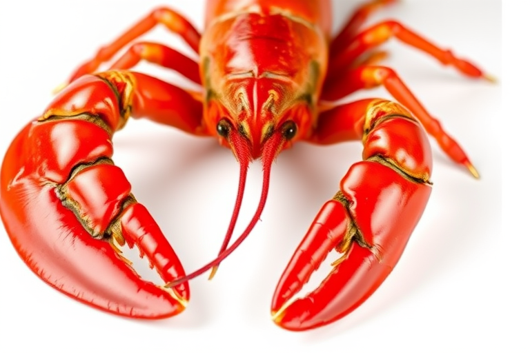 A highly detailed photograph of a vibrant red lobster on a clean white background, captured with a DSLR camera, 50mm lens, f/2.8 aperture, ISO 100, 1/200 sec shutter speed, using a softbox for even lighting and a shallow depth of field to highlight the texture and color of the lobster.