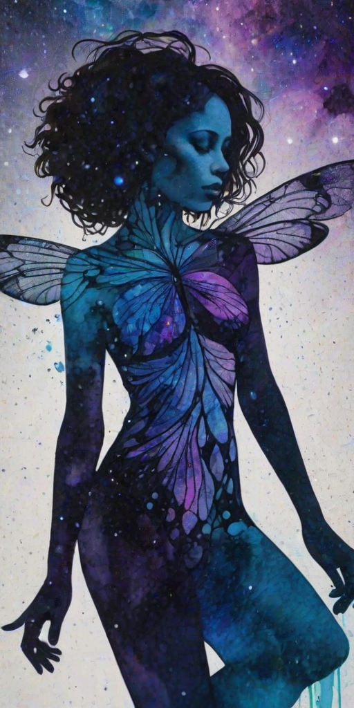 Captivating conceptual render alcohol ink art, double exposure, the paint strokes artfully merge combining a woman's full silhouette with a Delicate dragonfly's silhouette. The figures are composed of a series of colored dots, lines & spots that evoke the image of a cosmic galaxy, colors are deep shades of blue purple & black with flashes of white & silver representing distant stars. The woman's silhouette is formed within the lion's silhouette from constellations of scattered stars, surreal