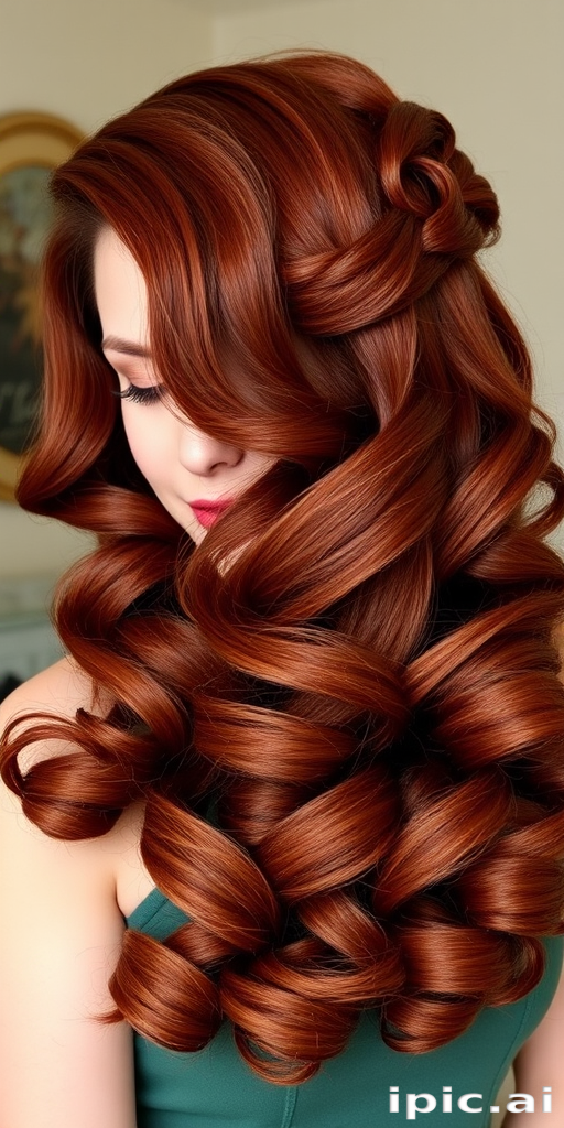 Rich mahogany hair with subtle copper highlights, styled in voluminous vintage-inspired pin curls and victory rolls, exuding retro glamour and sophistication known as Cinnamon Siren
