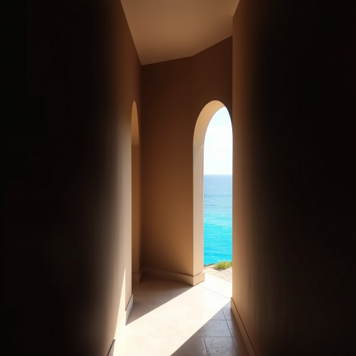 a narrow hallway leading to a bright blue sea view, soft natural light illuminating the space, focus on the contrast between the dark hallway and the vibrant ocean outside, taken with a DSLR camera, aperture f/8, shutter speed 1/125s, ISO 100, wide-angle lens, shot from a low perspective to emphasize depth and perspective