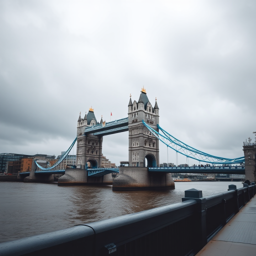 Capture a high-resolution image of Tower Bridge in London during an overcast day with a wide-angle lens, settings: f/8, ISO 100, shutter speed 1/250s, DSLR camera with natural color grading and enhanced contrast.
