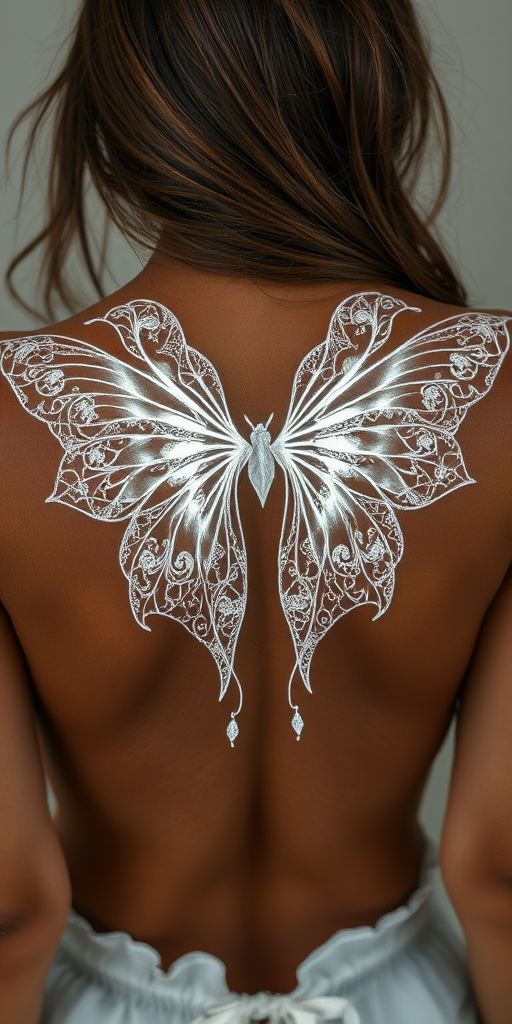 Ethereal white ink tattoo of delicate fairy wings spanning across the back, featuring intricate lace-like patterns and soft, luminescent highlights that seem to glow against olive skin