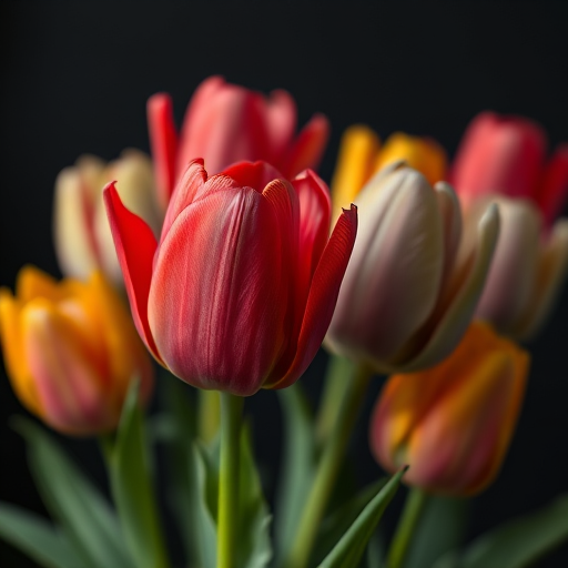 highly detailed vibrant tulips in various colors with rich textures and contrasting dark background, macro lens, f/2.8 aperture, ISO 100, 50mm lens, soft focus style, DSLR camera