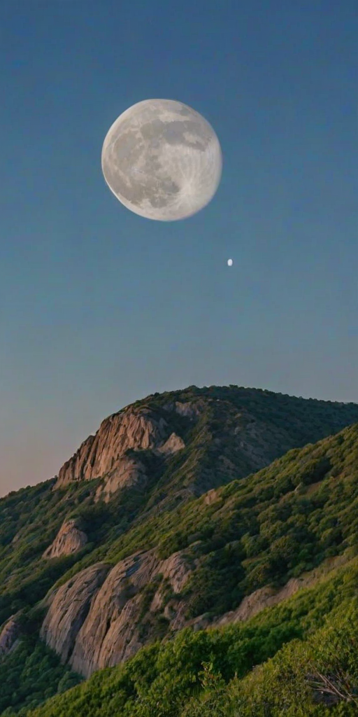 a serene landscape featuring a large, bright moon in a clear blue sky above a rocky hill adorned with lush greenery
