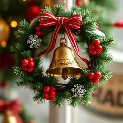 Create a high-resolution image of a decorative wreath and bell, using a DSLR camera with a 50mm lens, aperture set to f/2.8, ISO 100, natural soft lighting, and a shallow depth of field to enhance detail and color vibrancy.
