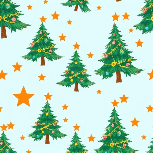 Create a seamless pattern of illustrated Christmas trees with bright orange stars and colorful ornaments, set against a light blue background, captured with a DSLR camera at f/8, ISO 100, 50mm lens, top-down view, vibrant color grading.