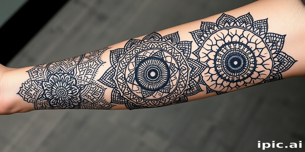 Intricate blackwork tattoo covering the entire arm, showcasing a detailed geometric mandala design with intricate patterns and symmetrical shapes, incorporating dotwork shading for added depth and dimension