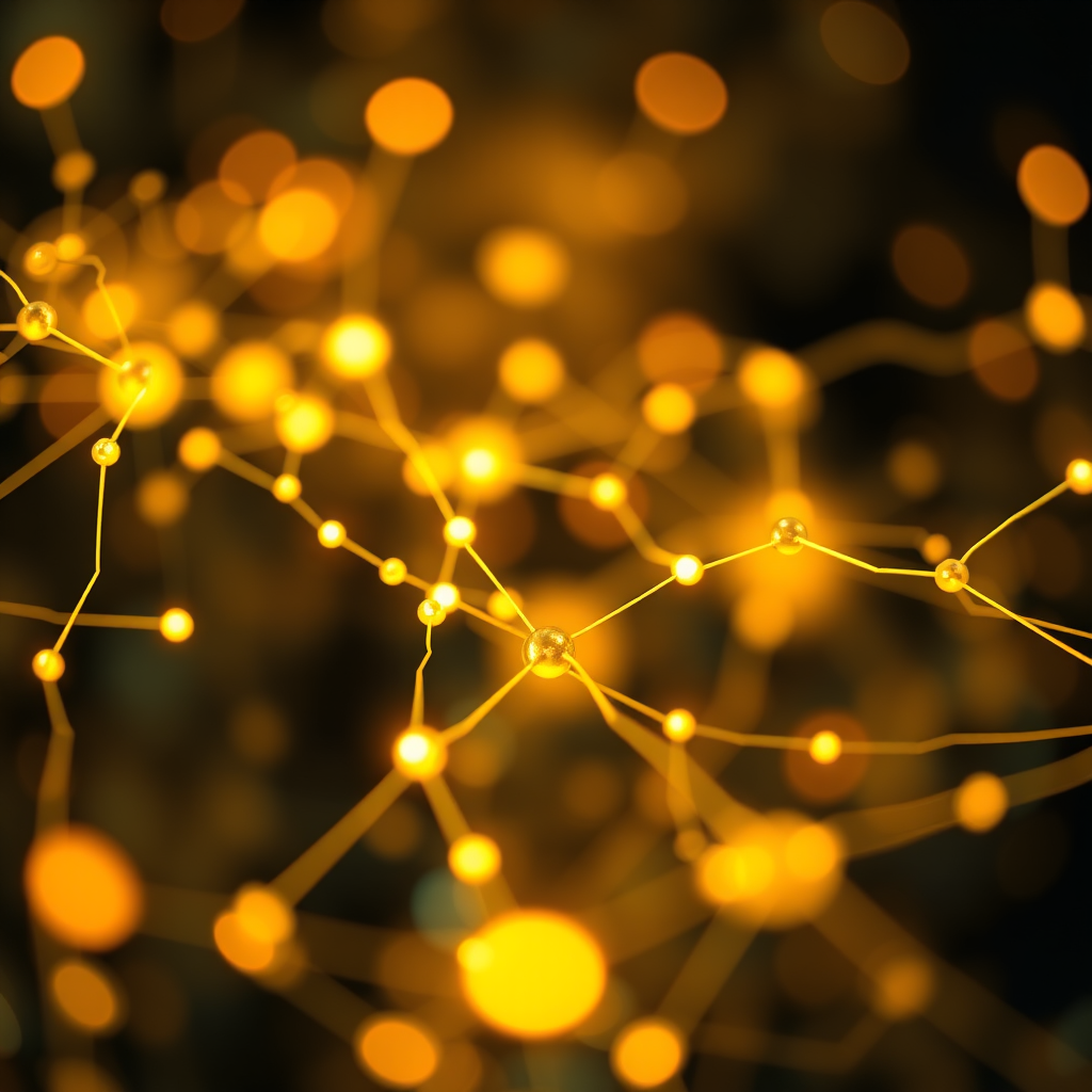 Generate a high-resolution abstract image of interconnected glowing lines and nodes resembling neural networks, using a DSLR camera with a 50mm lens, aperture f/1.8, ISO 200, shutter speed 1/60s, in macro view with a bokeh effect to enhance depth and clarity.