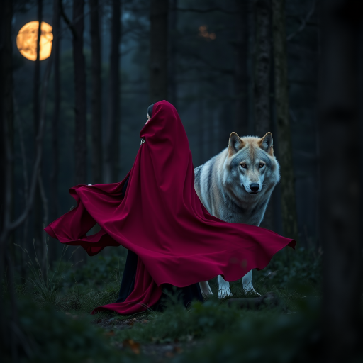 Create an ethereal forest scene with a woman in a flowing crimson cloak standing beside a majestic wolf, a full moon illuminating the background, captured with a Canon EOS R5, 50mm f/1.2 lens, aperture f/1.8, ISO 200, 1/60 sec, dusk lighting for a soft, mystical atmosphere.