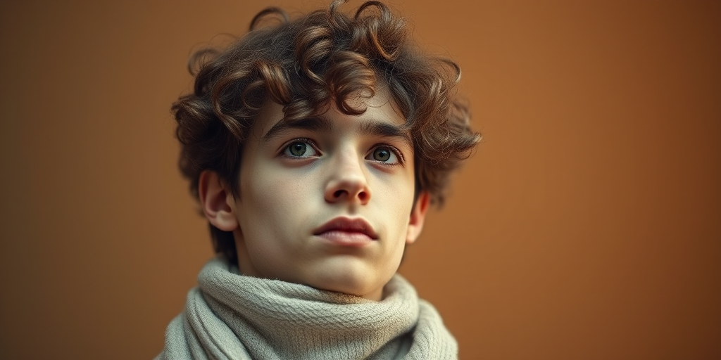 portrait of a young man with curly hair wearing a light scarf, soft focus background with warm tones, low angle view, 50mm lens, f/1.8 aperture, ISO 100, soft lighting, portrait photography style, digital camera