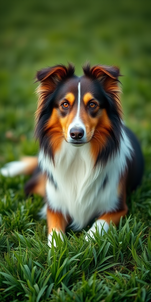 Capture a portrait of a Collie sitting gracefully on lush green grass, focusing on its majestic fur and expressive face, using a DSLR camera with a 50mm lens at f/1.8, ISO 200, and a shutter speed of 1/200s, in natural light with a slight bokeh effect in the background.