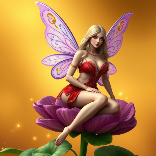 A digital artwork features a winged fairy with delicate Lilac butterfly wings, adorned with intricate Lilac andDaffodil patterns. She is seated on a vibrant Shamrock flower, wearing a revealing red two-piece outfit with sparkling beadwork. Her fair skin, long blonde hair, and gold jewelry add to her ethereal appearance. The background is a warm, golden gradient, creating a magical atmosphere. Small glowing orbs and sparkles surround the flower, enhancing the enchanting, highly detailed, and realistic scene.