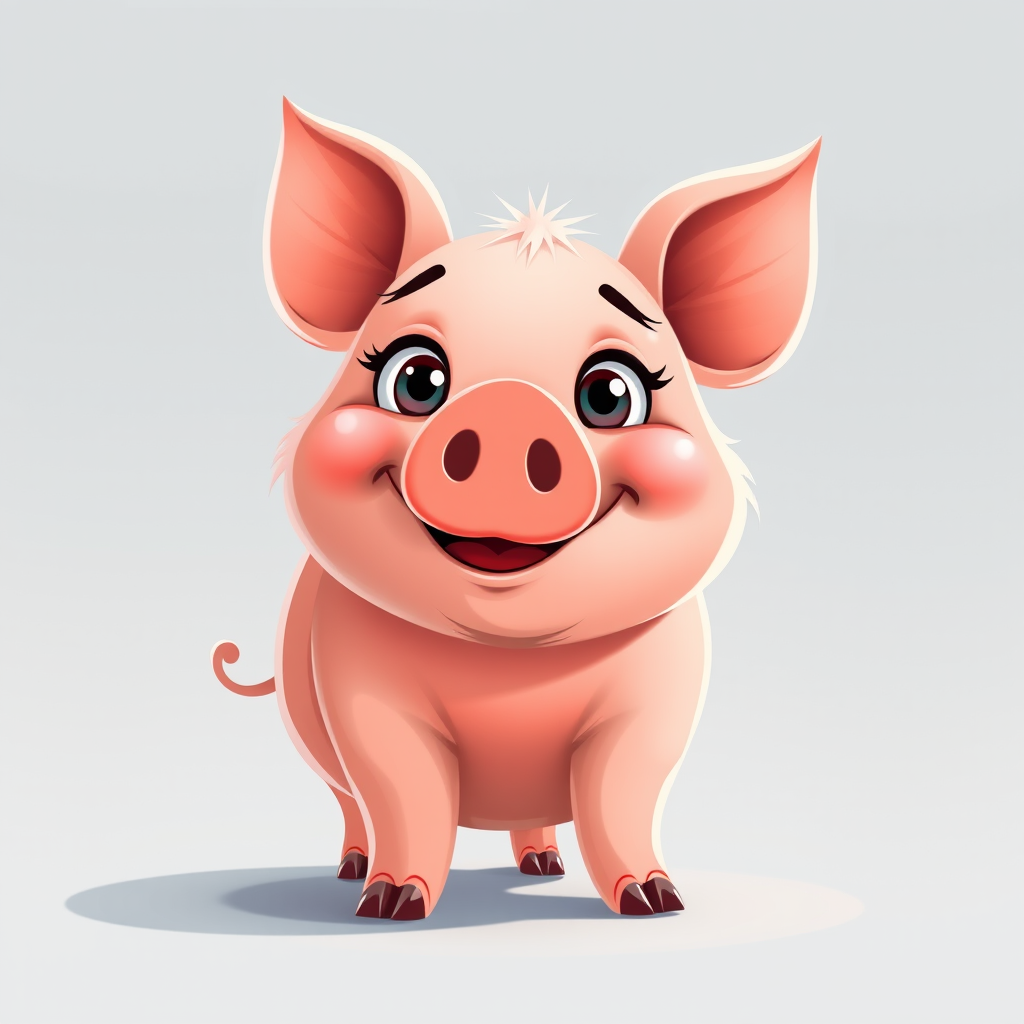 Create a high-resolution cartoon-style illustration of a cute pig, with a playful expression, using a DSLR camera with a 50mm lens, f/2.8 aperture, ISO 100, and natural lighting to enhance colors and details.
