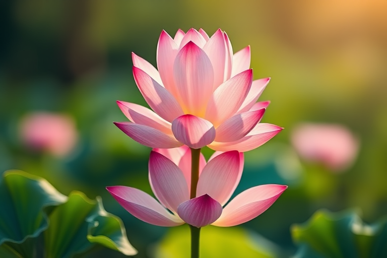 Create a high-resolution illustration of three lotus flowers stacked vertically, using a soft focus effect, with a Canon EOS R5, 50mm f/1.2 lens, ISO 100, aperture f/2.8, and a natural light setting to enhance image clarity and detail.