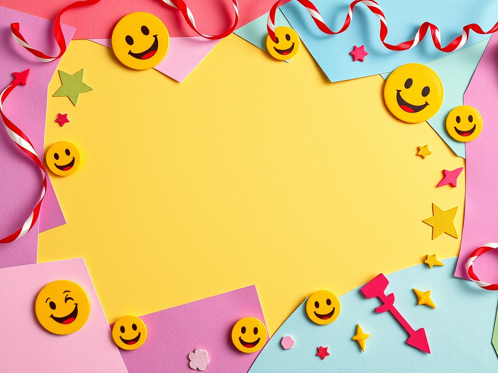 Create a vibrant, playful digital collage featuring a whimsical background with textured paper layers, cheerful emojis scattered throughout, and festive decorations like ribbons and arrows, captured with a DSLR camera at f/2.8 aperture, ISO 100, and a 50mm lens, using a top-down perspective for a dynamic composition.