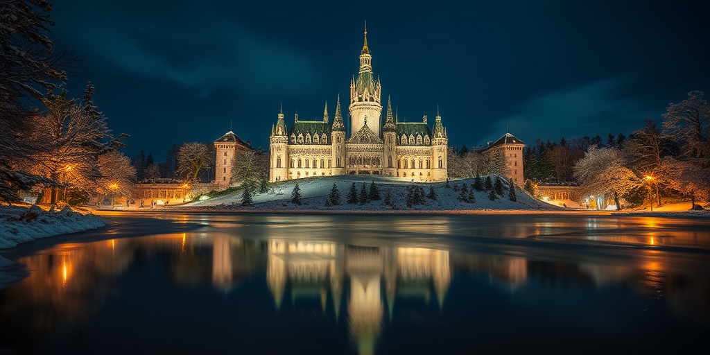 capture a majestic castle at night with surrounding snow and a reflective lake in the foreground, use a DSLR camera, settings: f/8 aperture, ISO 400, 30 seconds shutter speed, wide-angle lens, low-angle view, long exposure for enhanced clarity and light details in a serene twilight atmosphere