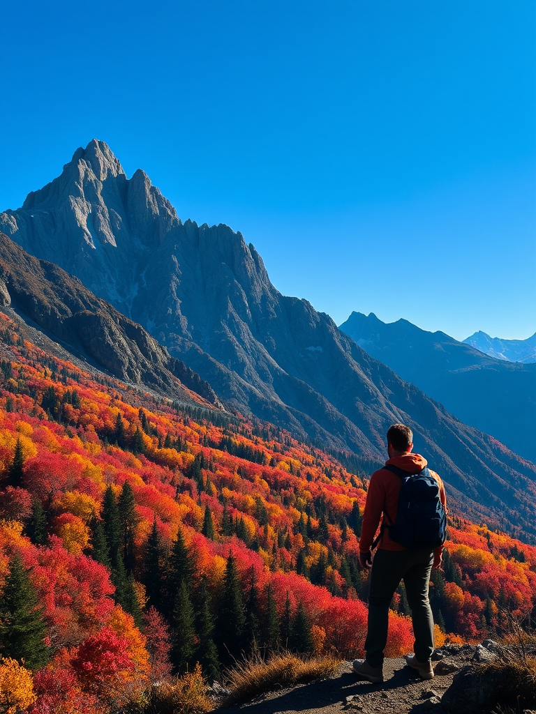 Dramatic mountain range during autumn, with colorful foliage and a clear blue sky, a hiker pausing to take in the breathtaking view.